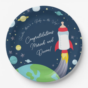 Assiettes En Carton Baby shower Espace Extérieur Bouteille Fusée Navir
