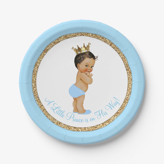Assiettes En Carton Baby shower ethnique Prince Baby Blue Gold (Devant)