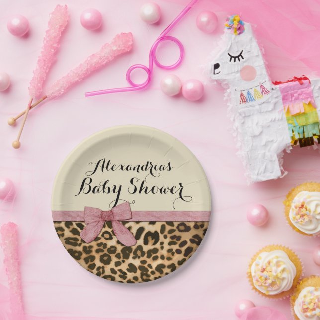 Assiettes En Carton Baby shower Fancy Leopard Rose Bow Girl (Fête)