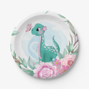 Assiettes En Carton Baby shower Fille Dinosaure Turquoise rose mignon