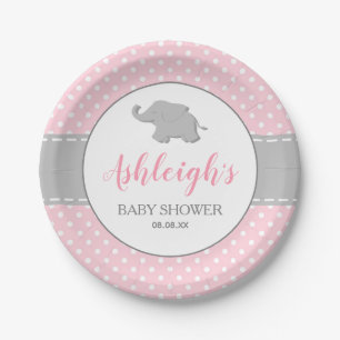 Assiettes En Carton Baby Shower Fille Eléphant Rose Gris À Points