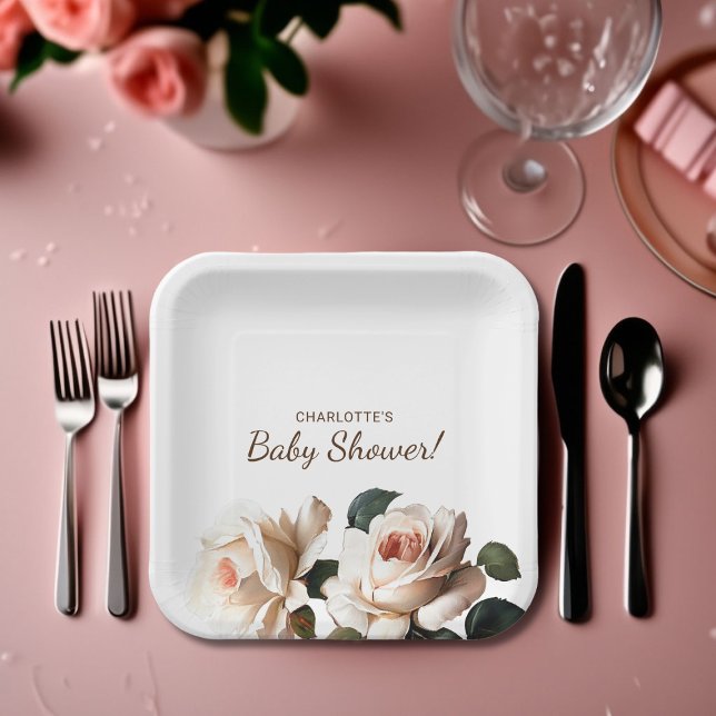 Assiettes En Carton Baby shower fille Rose beige doux (Girl Baby Shower Paper Plates)