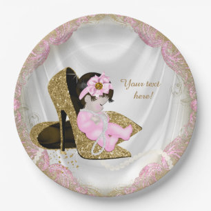 Assiettes En Carton Baby shower fille rose or haut talons perles