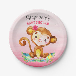 Assiettes En Carton Baby shower fille singe aquarelle