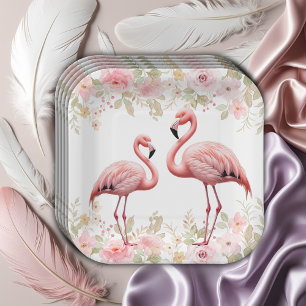 Assiettes En Carton Baby shower Flamant rose rose floral élégant