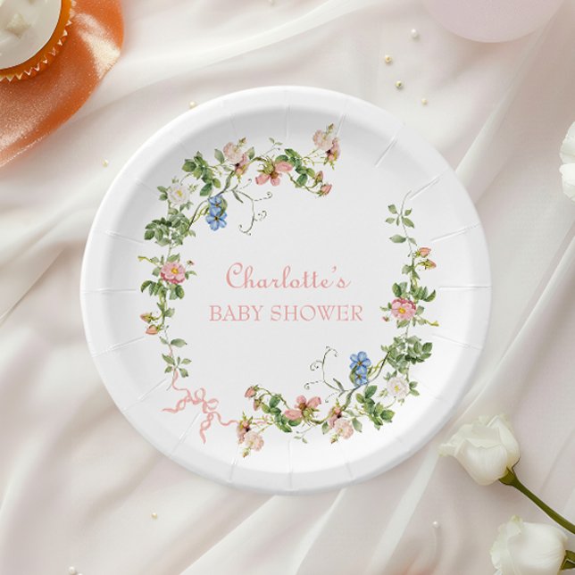 Assiettes En Carton Baby shower fleur sauvage à cou rose (Créateur téléchargé)