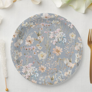 Assiettes En Carton Baby-Shower Fleur Sauvage Bleu Poussiéreux