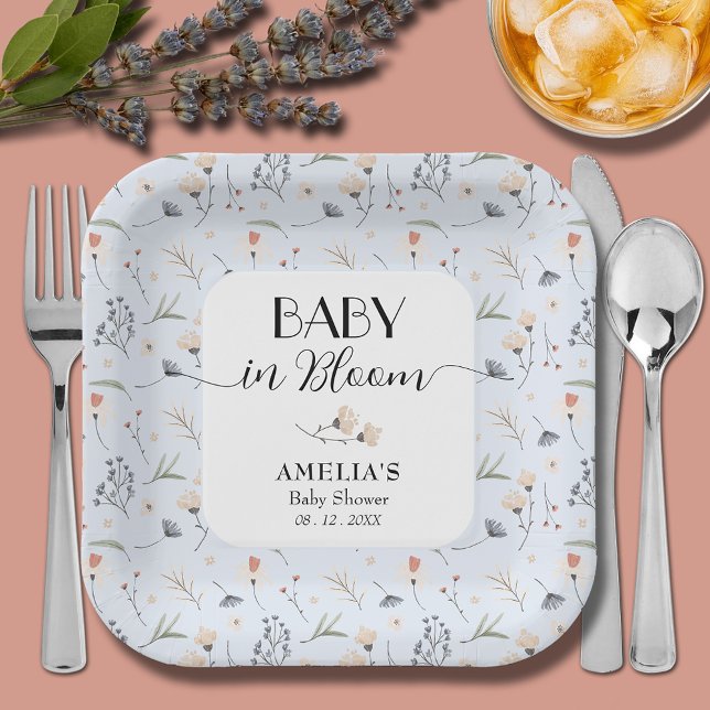 Assiettes En Carton Baby shower fleur sauvage Blue Boy (Baby in Bloom wildflowers on blue boy baby shower square paper plates)