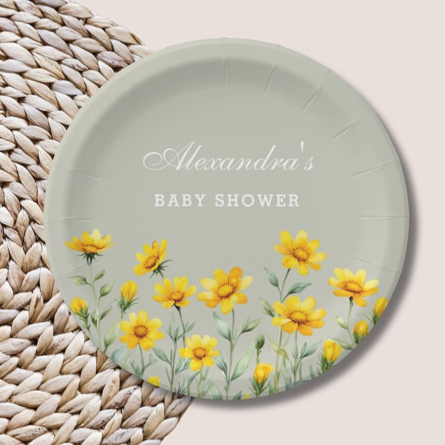 Assiettes En Carton Baby shower Fleur sauvage Jaune Boho Sage Green (Créateur téléchargé)