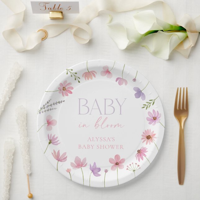 Assiettes En Carton Baby shower Fleur sauvage rose violet (Mariage)