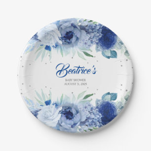 Assiettes En Carton Baby Shower Fleurs Bleues et Confettis Argentés