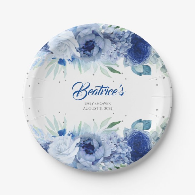 Assiettes En Carton Baby Shower Fleurs Bleues et Confettis Argentés (Devant)