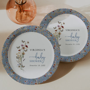 Assiettes En Carton Baby Shower Fleurs Sauvages Bohème Bleu