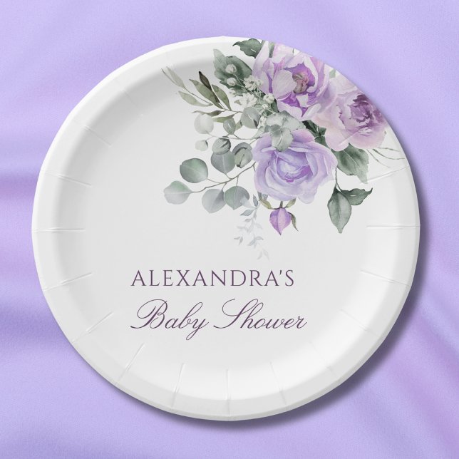 Assiettes En Carton Baby shower floral à l'aquarelle de lavande (Créateur téléchargé)