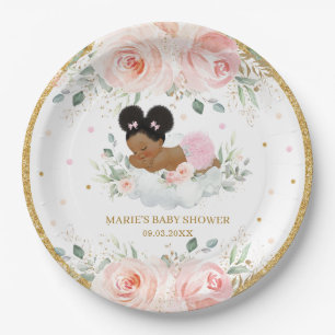 Assiettes En Carton Baby shower floral afro-américain Blush
