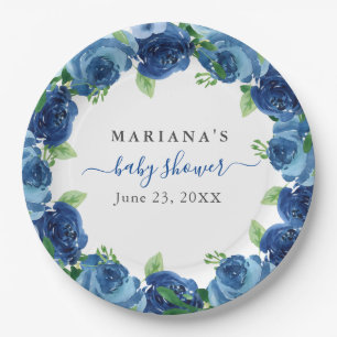 Assiettes En Carton Baby shower Floral Boy bleu marine