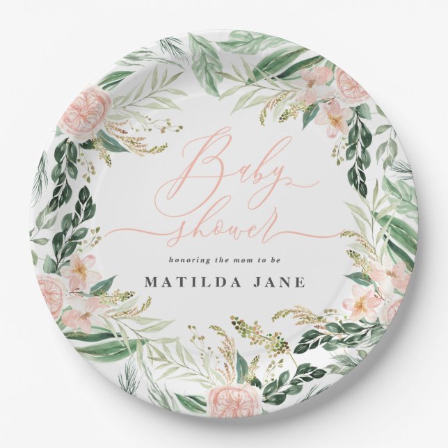 Assiettes En Carton Baby shower floral d'aquarelle rose vif (Devant)