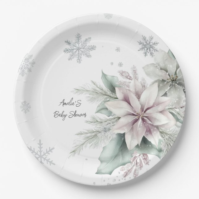 Assiettes En Carton Baby shower Floral de neige d'hiver (Devant)