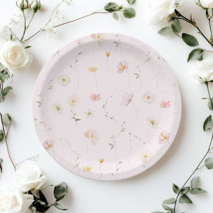 Assiettes En Carton Baby shower Floral Fleur sauvage rose pâle