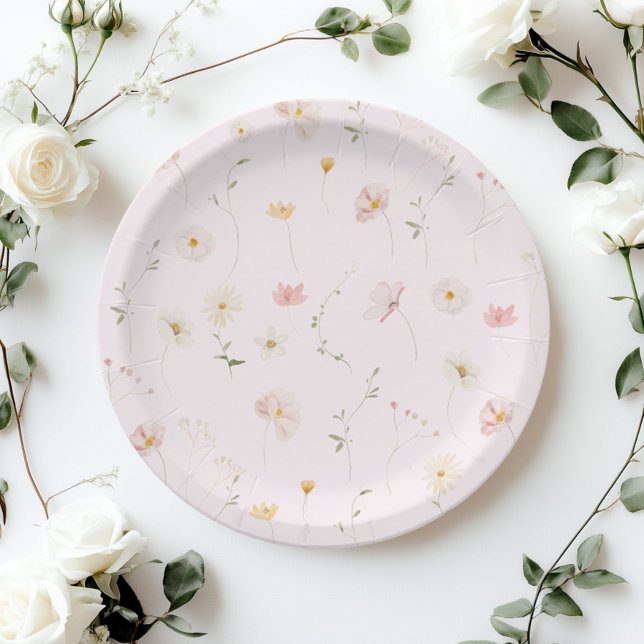 Assiettes En Carton Baby shower Floral Fleur sauvage rose pâle (Créateur téléchargé)