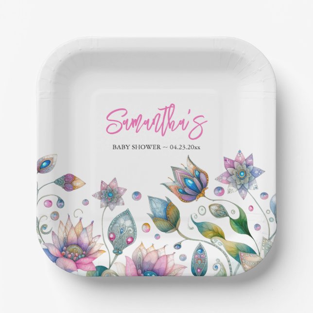 Assiettes En Carton Baby shower floral jetable (Recto)