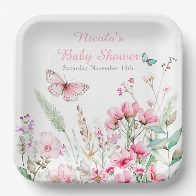 Assiettes En Carton Baby shower floral papillon rose printanier (Recto)