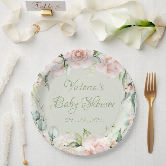 Assiettes En Carton Baby shower floral personnalisé Sage Green (Mariage)