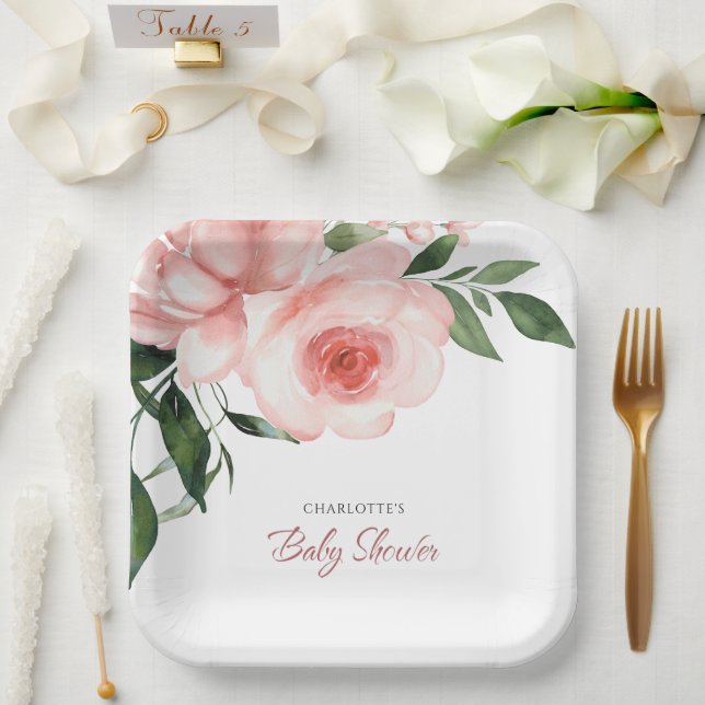 Assiettes En Carton Baby shower floral rose pâle (Mariage)
