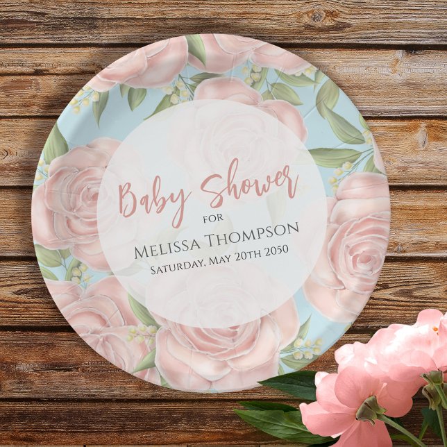 Assiettes En Carton Baby shower floral rose personnalisé (Créateur téléchargé)