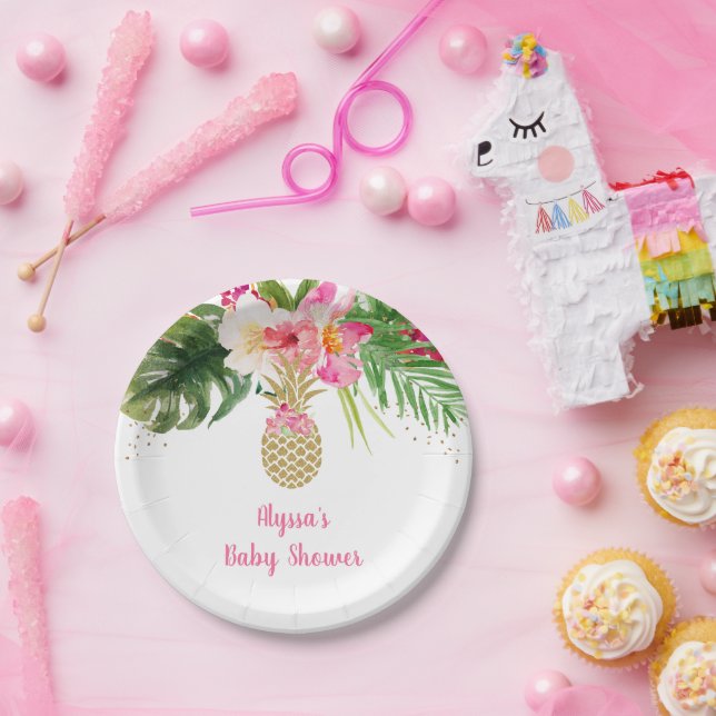 Assiettes En Carton Baby shower floral tropical à ananas (Fête)