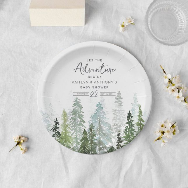 Assiettes En Carton Baby shower forestier de pins d'aquarelle (Créateur téléchargé)