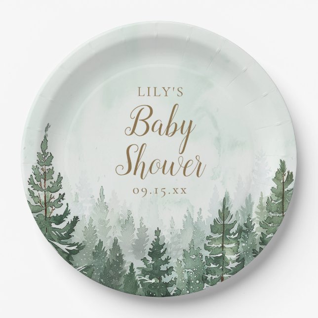 Assiettes En Carton Baby shower forestier rustique de pins (Devant)