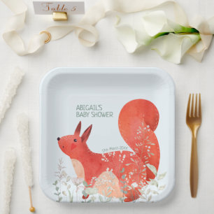 Assiettes En Carton Baby shower garçon Fleur sauvage d'écureuil rouge 