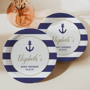 Assiettes En Carton Baby Shower Garçon Rayures Bleu Marine Ancre Nauti