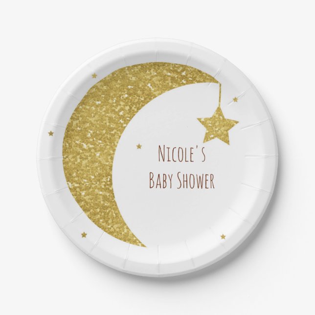 Assiettes En Carton Baby shower Gold & White Moon & Stars (Devant)