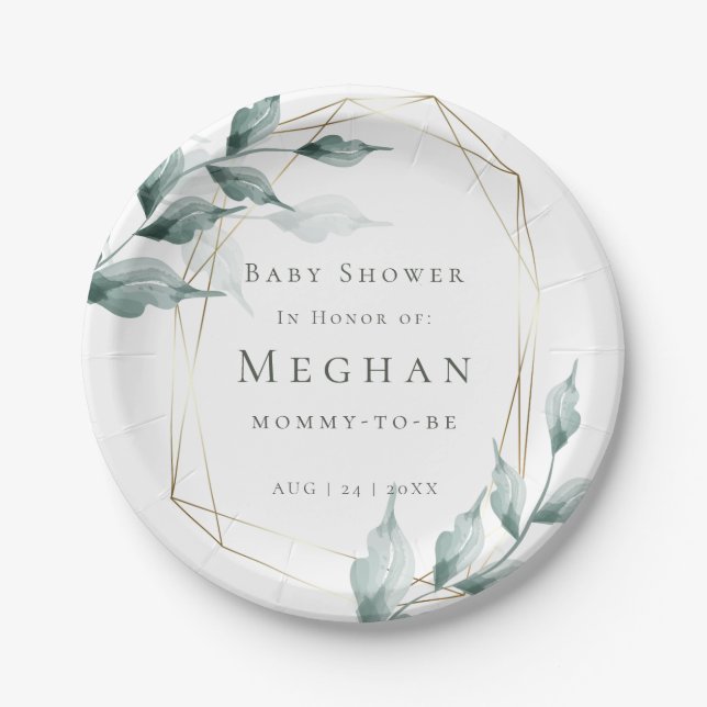 Assiettes En Carton Baby shower | Grayed Jade Green Botanical (Devant)