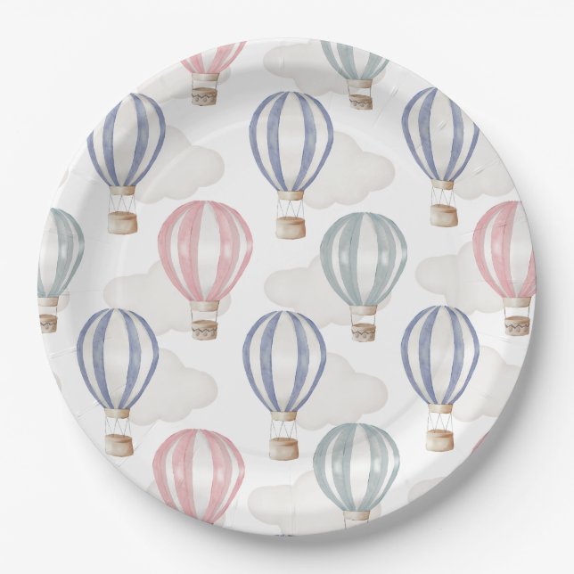 Assiettes En Carton Baby Shower Hot Air Balloons Gender Neutral (Devant)