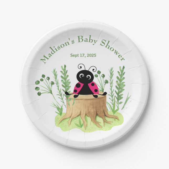 Assiettes En Carton Baby shower Ladybug d'aquarelle rose (Devant)