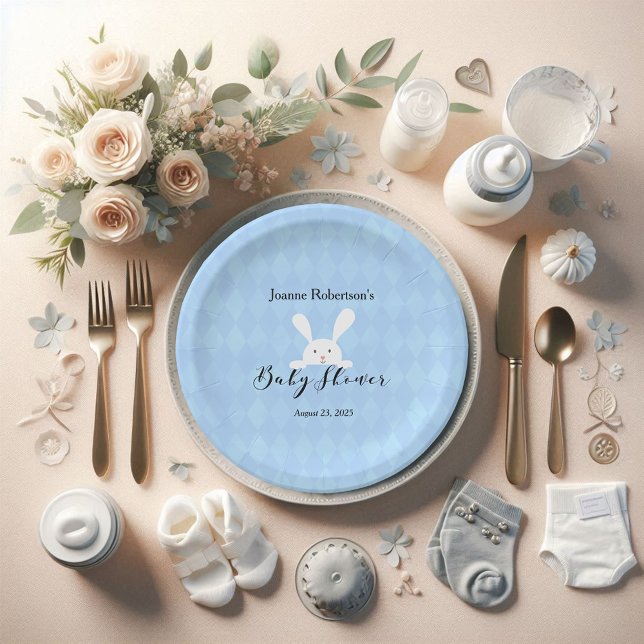 Assiettes En Carton Baby shower lapin blanc | Jacquard bleu bébé (Créateur téléchargé)