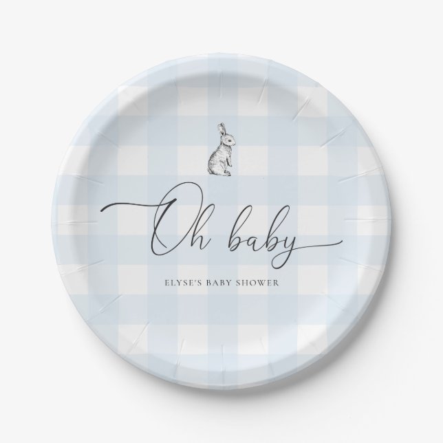 Assiettes En Carton Baby shower lapin En vichy bleu (Devant)