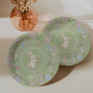 Assiettes En Carton Baby Shower Lapin Floral Vintage Delicat Vert