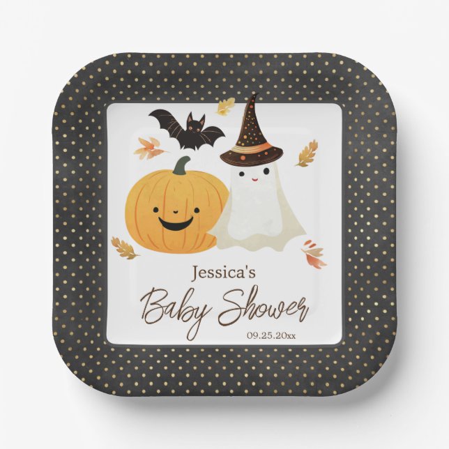 Assiettes En Carton Baby shower Little Boo Halloween Pollka Dot (Recto)