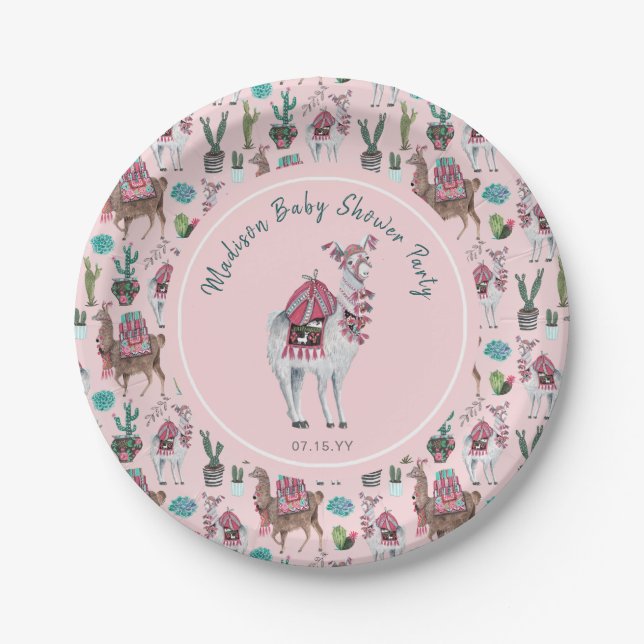 Assiettes En Carton Baby shower | Llama rose | Plaque de papier (Devant)