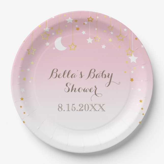 Assiettes En Carton Baby shower Lune aux étoiles roses (Devant)