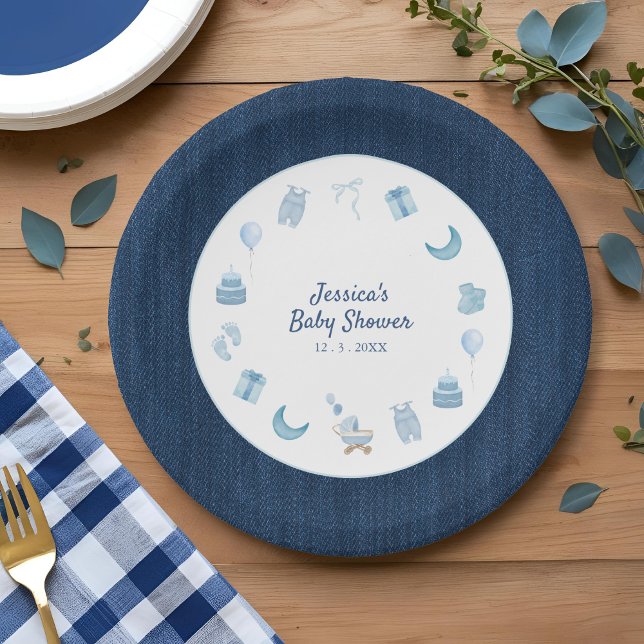 Assiettes En Carton Baby shower Marine Denim Blue Jean (Créateur téléchargé)