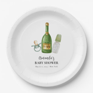 Assiettes En Carton Baby shower minimal vert Poppin Champagne bouteill