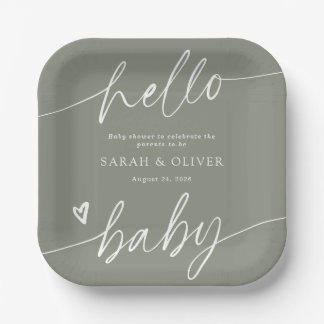 Assiettes En Carton Baby-Shower Moderne Élégant Écriture Vert Sauge