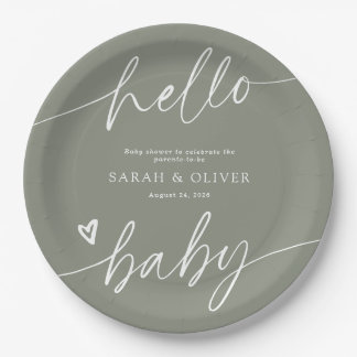 Assiettes En Carton Baby-Shower Moderne Élégant Écriture Vert Sauge