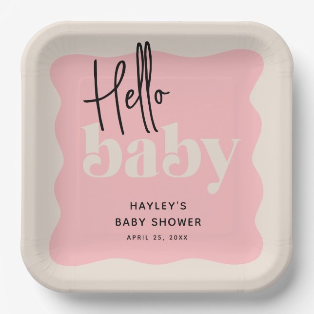 Assiettes En Carton Baby shower moderne Hello Baby Pink & Cream (Recto)