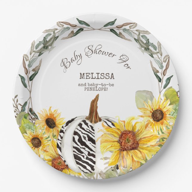 Assiettes En Carton Baby shower moderne Zebra White Citrouille Sunflow (Devant)